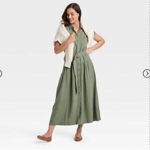 NWT Women's Short Sleeve Belted Midi Shirtdress - Universal Thread Olive Green M